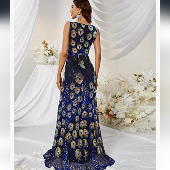 Women's Vintage Peacock Sequin Formal Dress V Neck Party Prom Evening Gown 1x - Picture 4 of 16